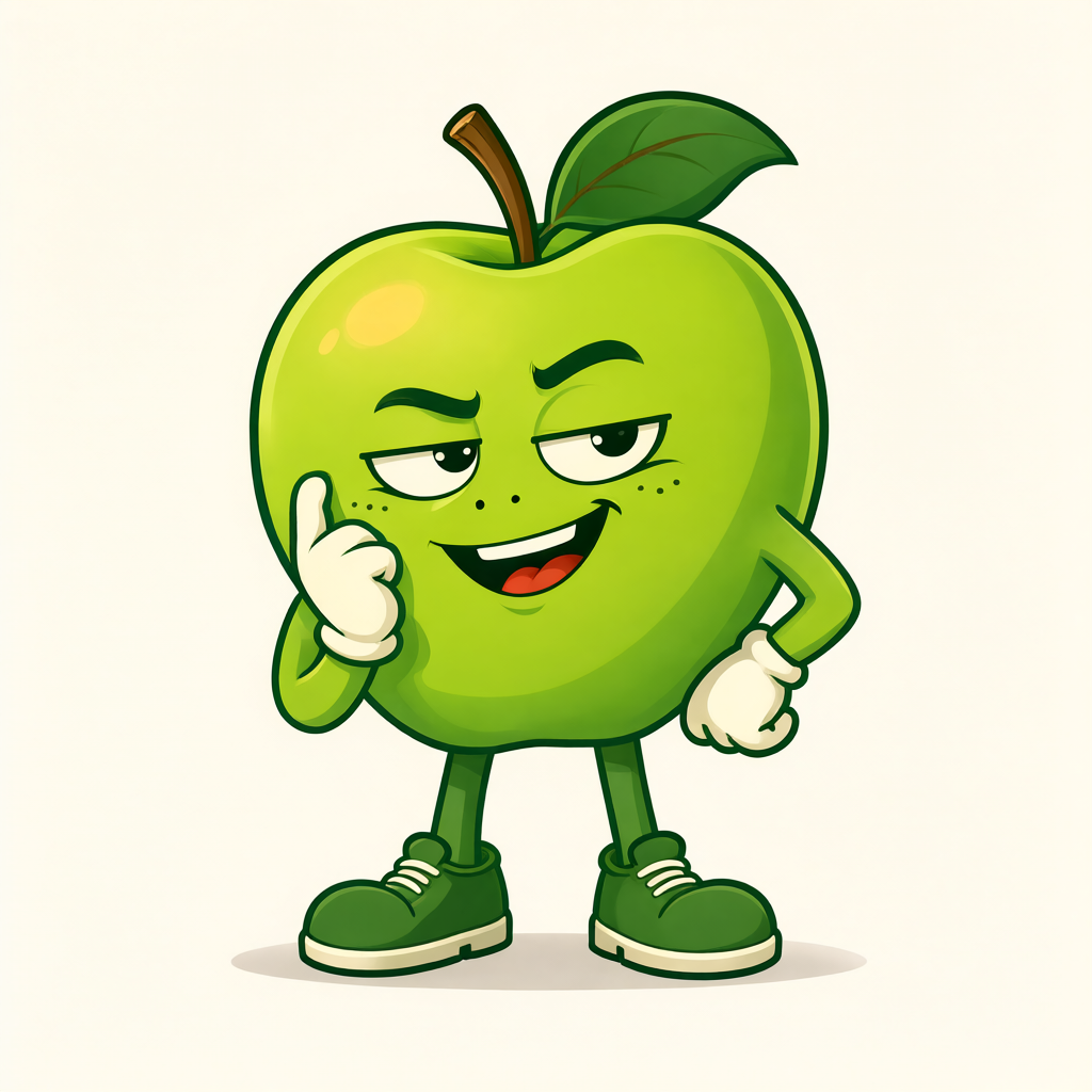 Original GreenApple mascot: a cheeky bright-green apple with a leaf, expressive face, gloves and sneakers.